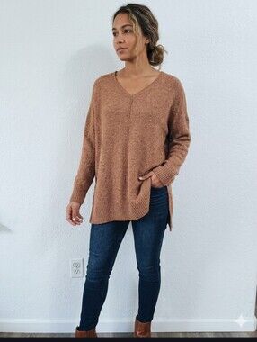 Ruby Moon Sweater Brown Sz Md Tunic Oversized Long Sleeve V-Neck Cozy Knit Boho